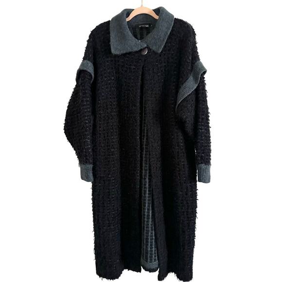 IB DIFFUSION Vintage Boucle Popcorn Sweater Coat Duster 80s Long Black Sz Large - Picture 1 of 6